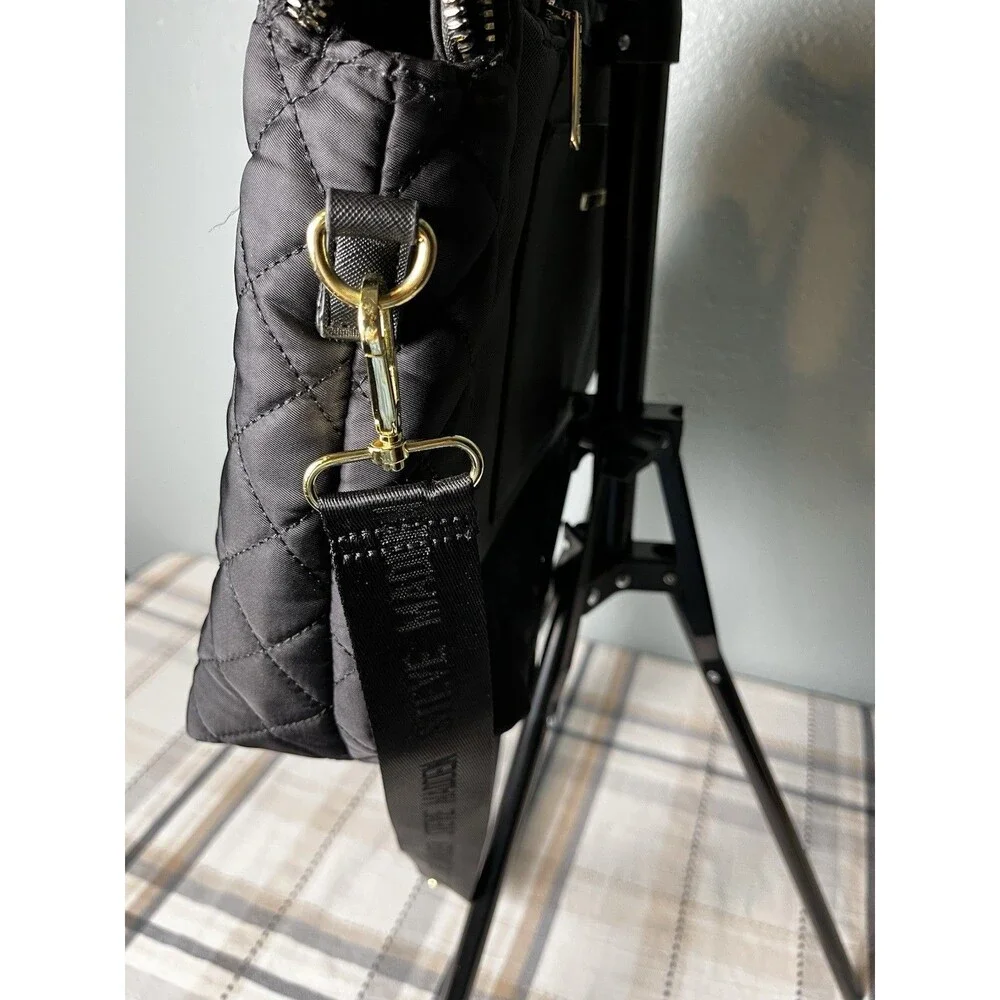 Steve Madden Laptop Book Bag Messenger Black Quilted Padded Logo Strap